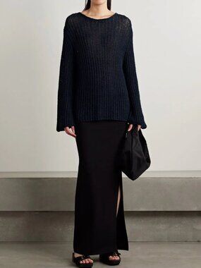 $1290 Khaite Blue Open Knit Oversized Pullover Cotton Sweater size Small